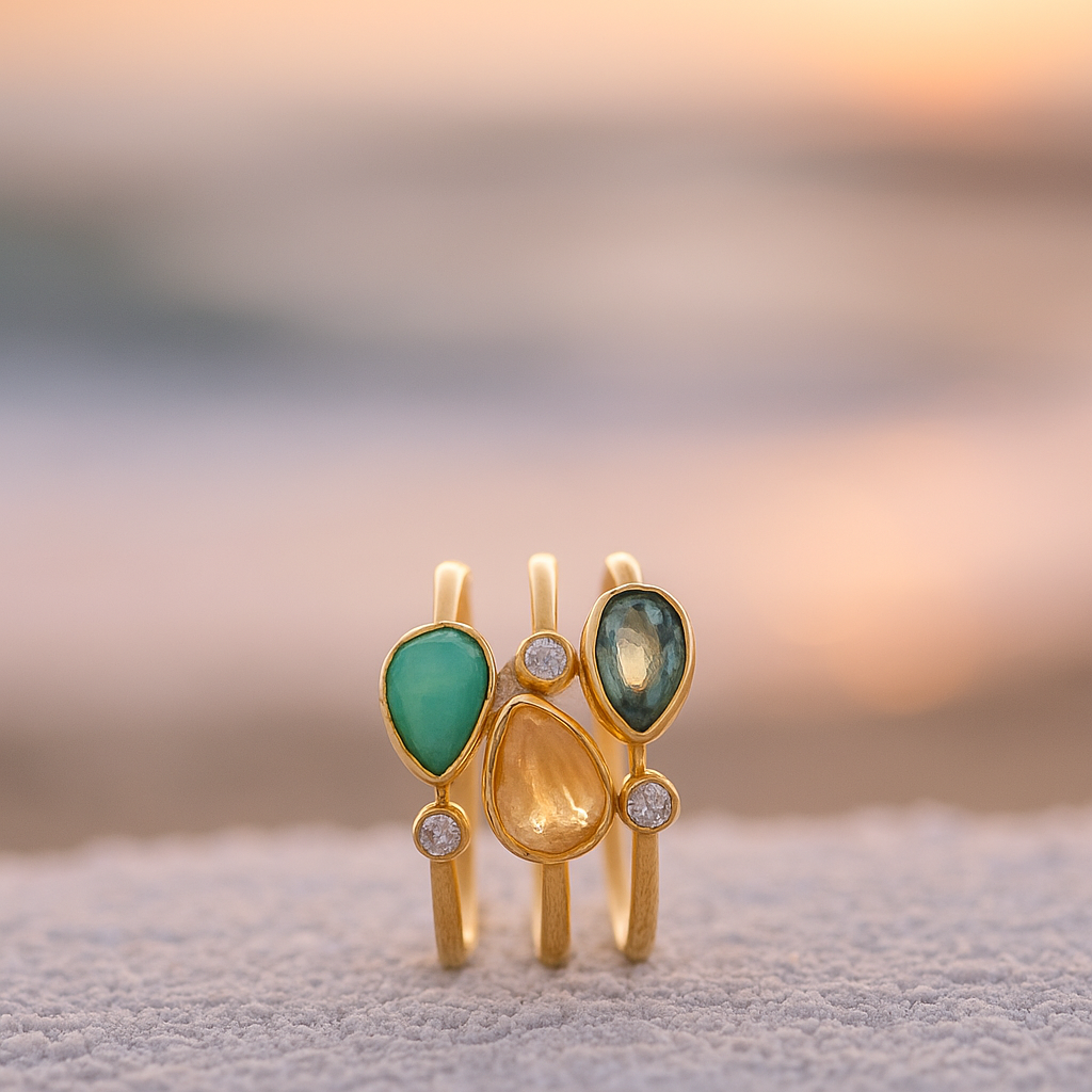 Tris di Onde β Gold Brass Ring Adorned with Colored Zirconia