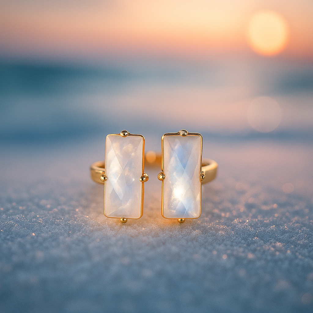 Tide Light β Golden Ring Adorned with Rectangular Moonstones