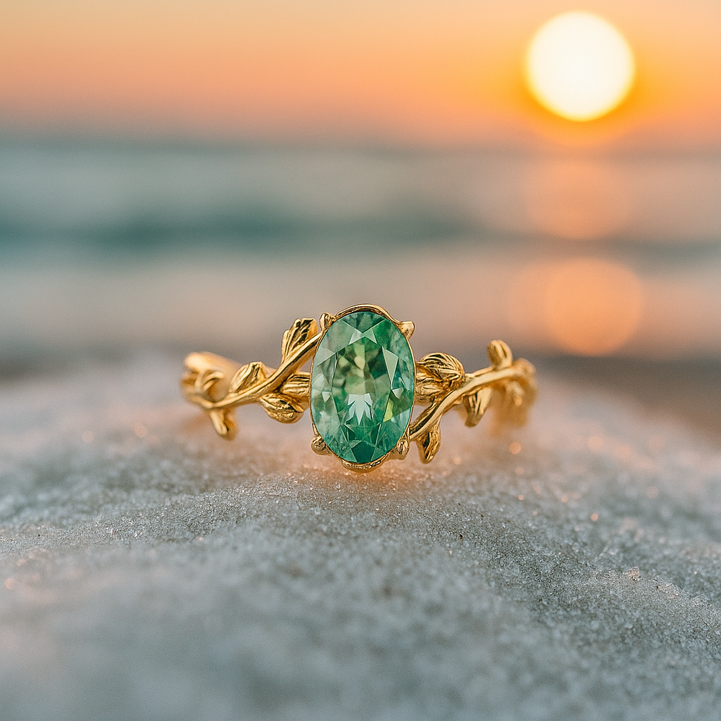 Emerald Breeze β Gold Ring Featuring Green Agate and Leaf Design