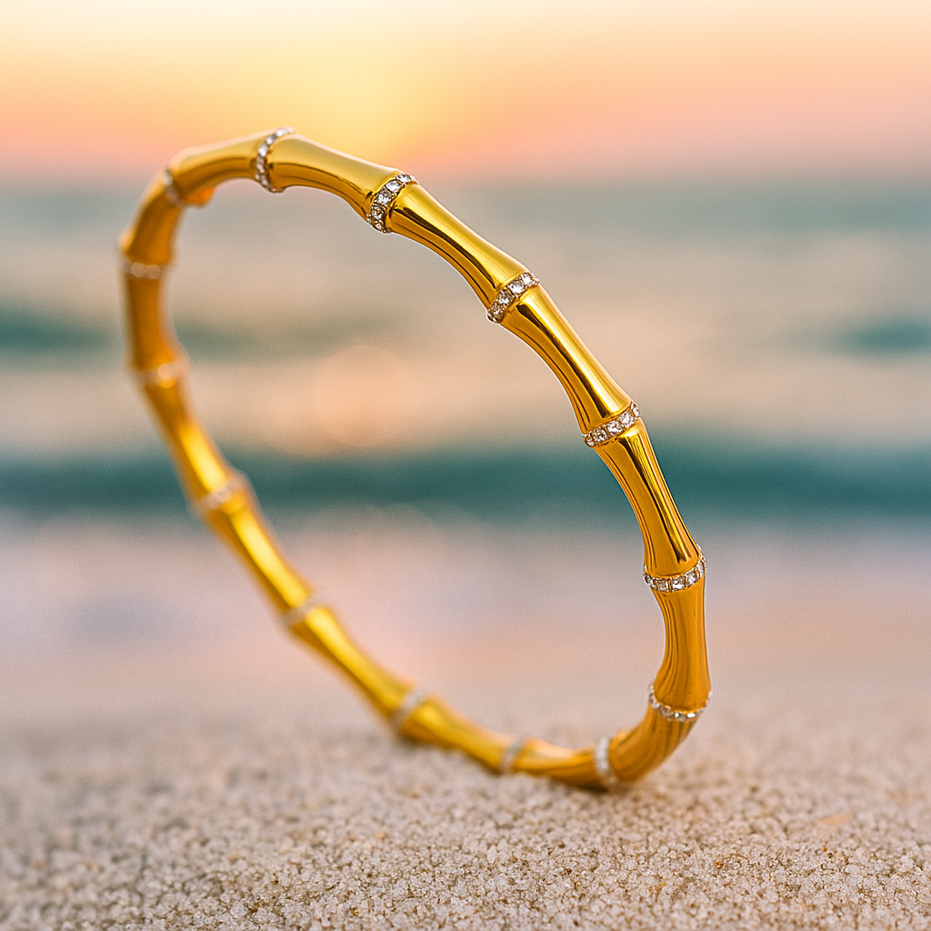 Bamboo-Inspired 925 Silver Bangle - Golden Breeze