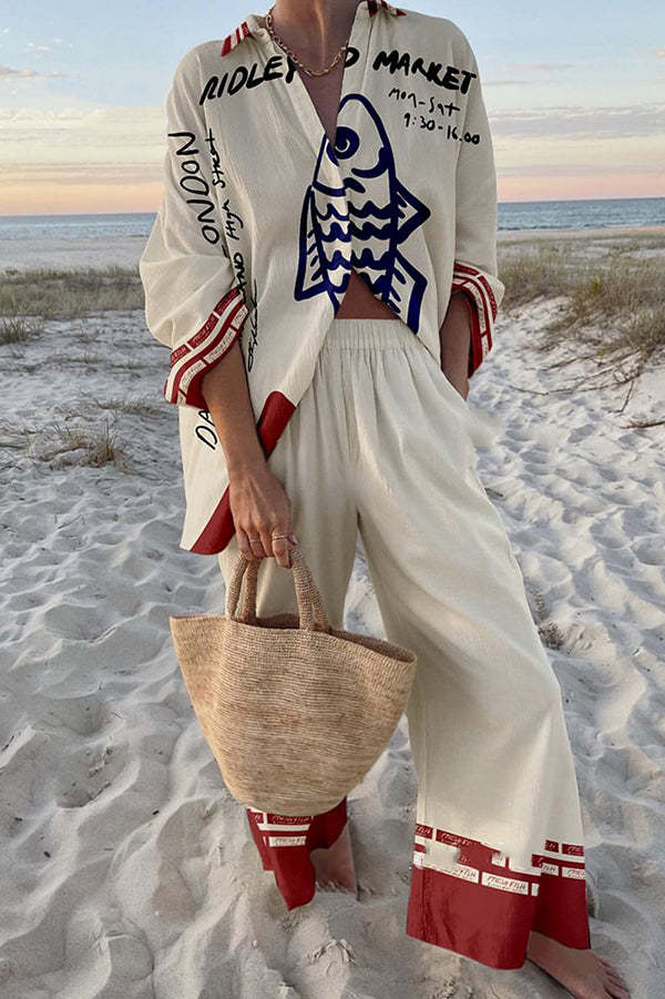 Rounelle™ | 100% Linen Blue Fish Print