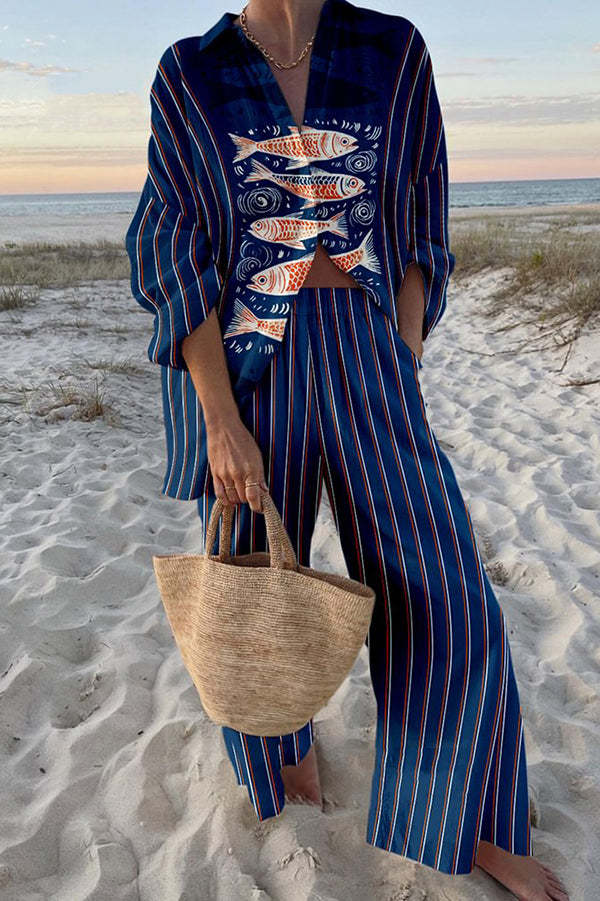 Zairine™ | Blue Koi Motif Linen Set