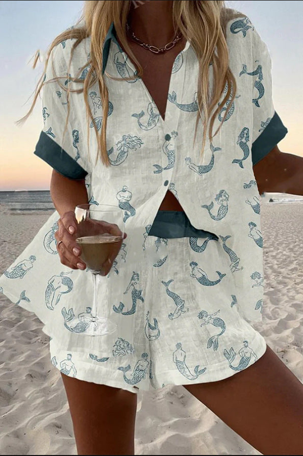 Jalira™ | Mermaid Motif Short Linen Ensemble