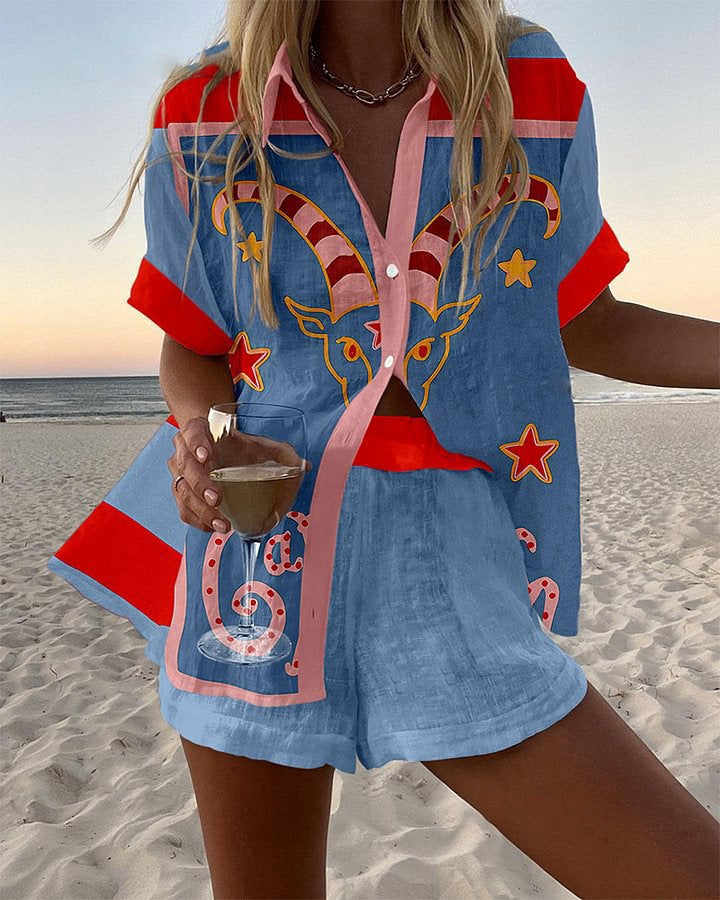Jorelle™ | Goat Motif Short Linen Set