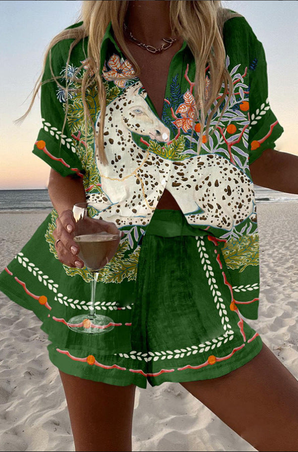 Céphira™ | Linen Short Set Featuring Horse Design