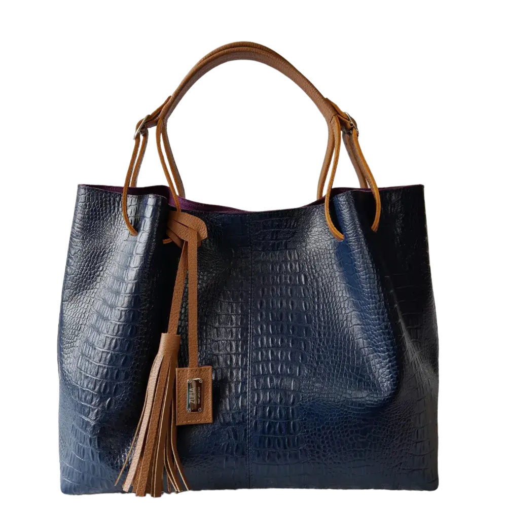 Adelle Dark Blue Leather Handbag for Women - Reptile Texture