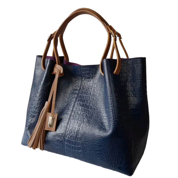 Adelle Dark Blue Leather Handbag for Women - Reptile Texture