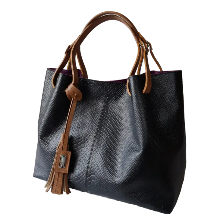 Adelle Women's Black Leather Handbag with Reptile Texture