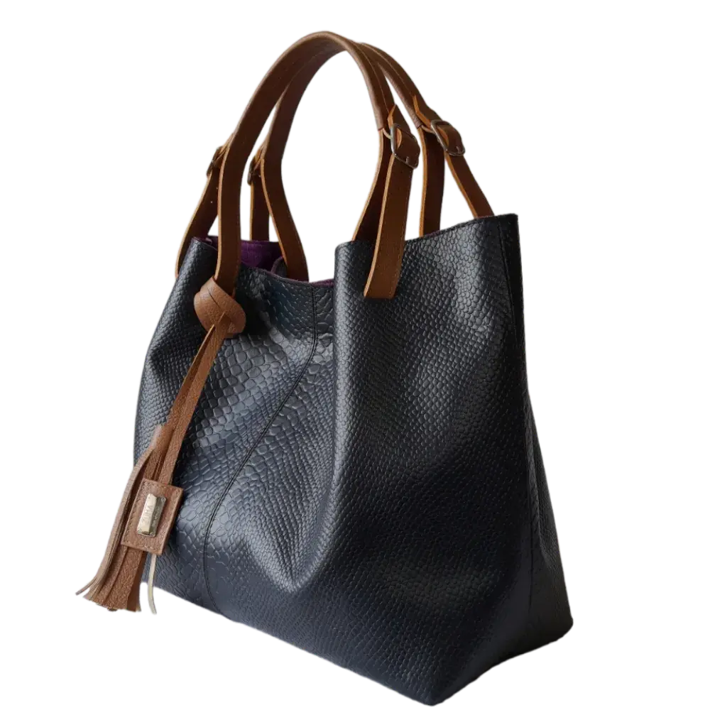 Adelle Women's Black Leather Handbag with Reptile Texture