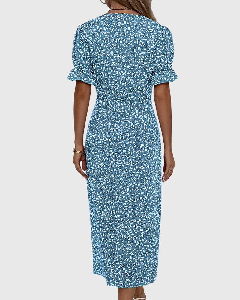 Barbara - V-Neck Dress with Fresh Bloom Design