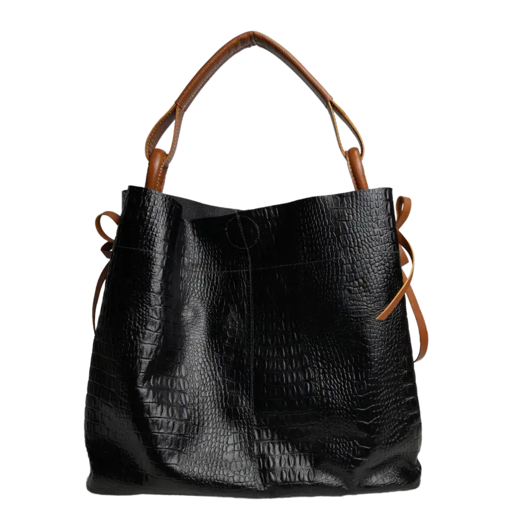 Aubrey Black Leather Handbag for Women - Reptile Texture