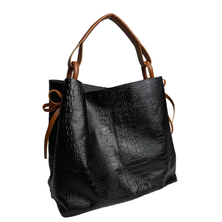 Aubrey Black Leather Handbag for Women - Reptile Texture