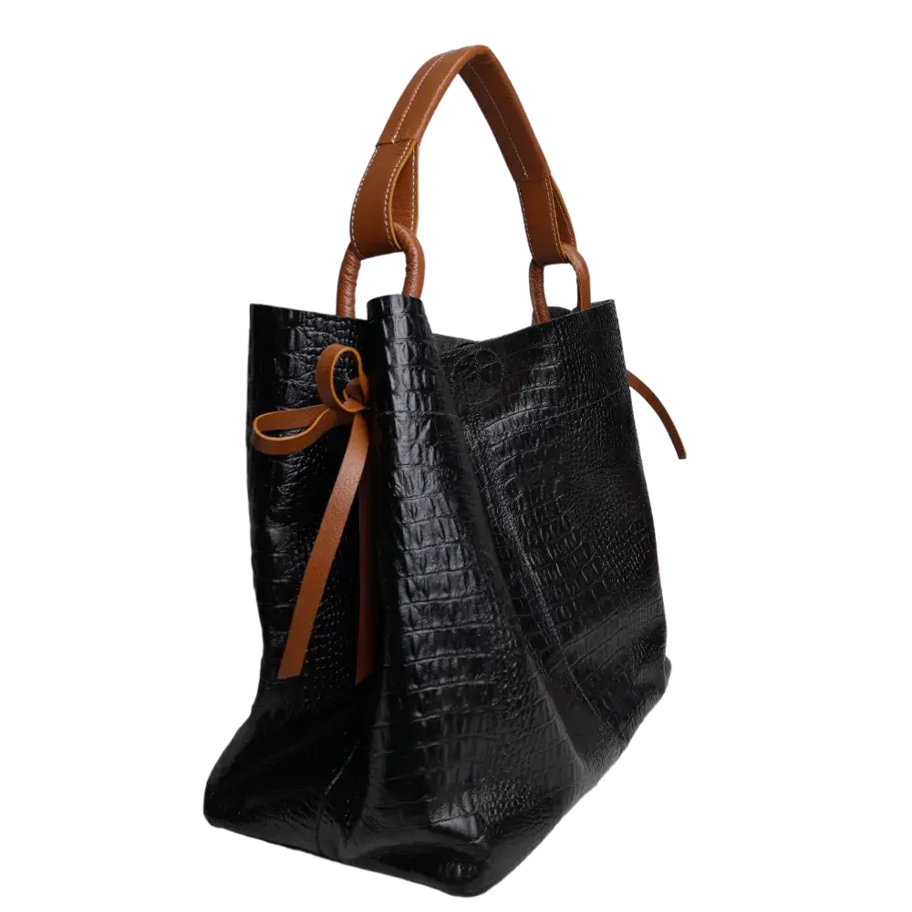 Aubrey Black Leather Handbag for Women - Reptile Texture