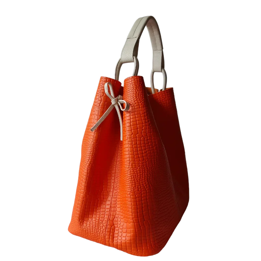Aubrey Orange Leather Handbag for Women - Reptile Texture
