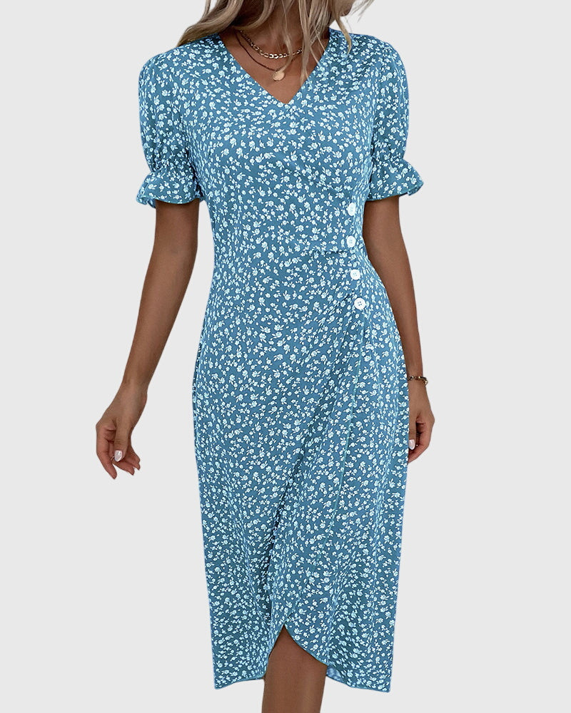 Barbara - V-Neck Dress with Fresh Bloom Design