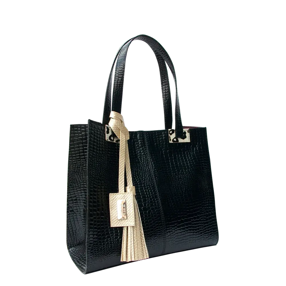 Sara Women's Black Reptile-Pattern Leather Handbag
