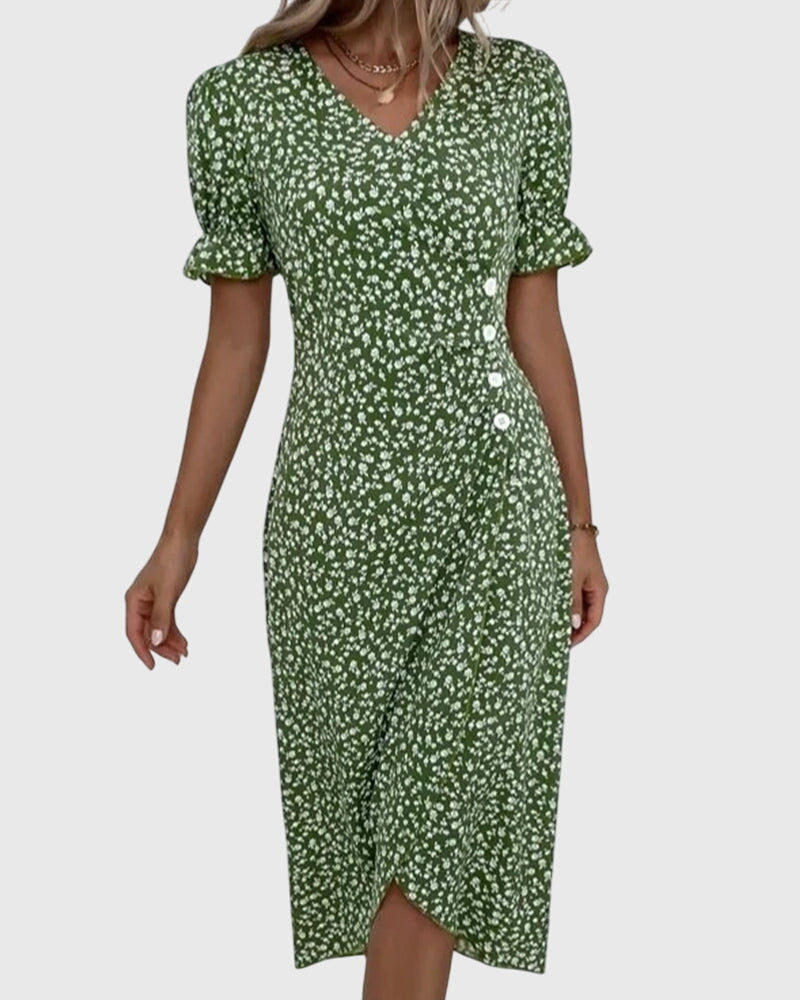 Barbara - V-Neck Dress with Fresh Bloom Design