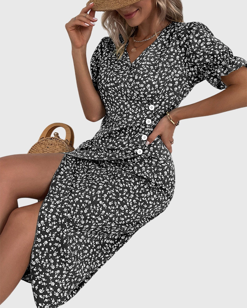 Barbara - V-Neck Dress with Fresh Bloom Design