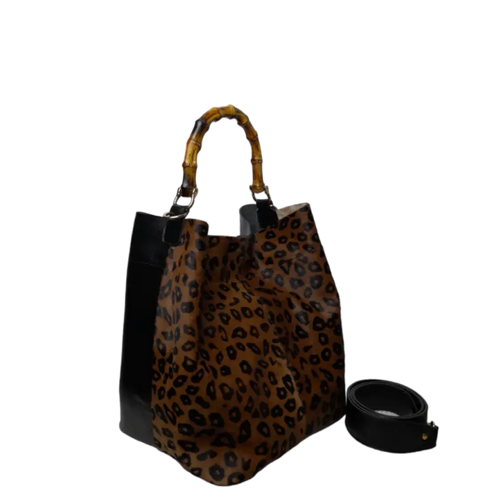 Claire Women's Black Leather Bag with Jaguar Print