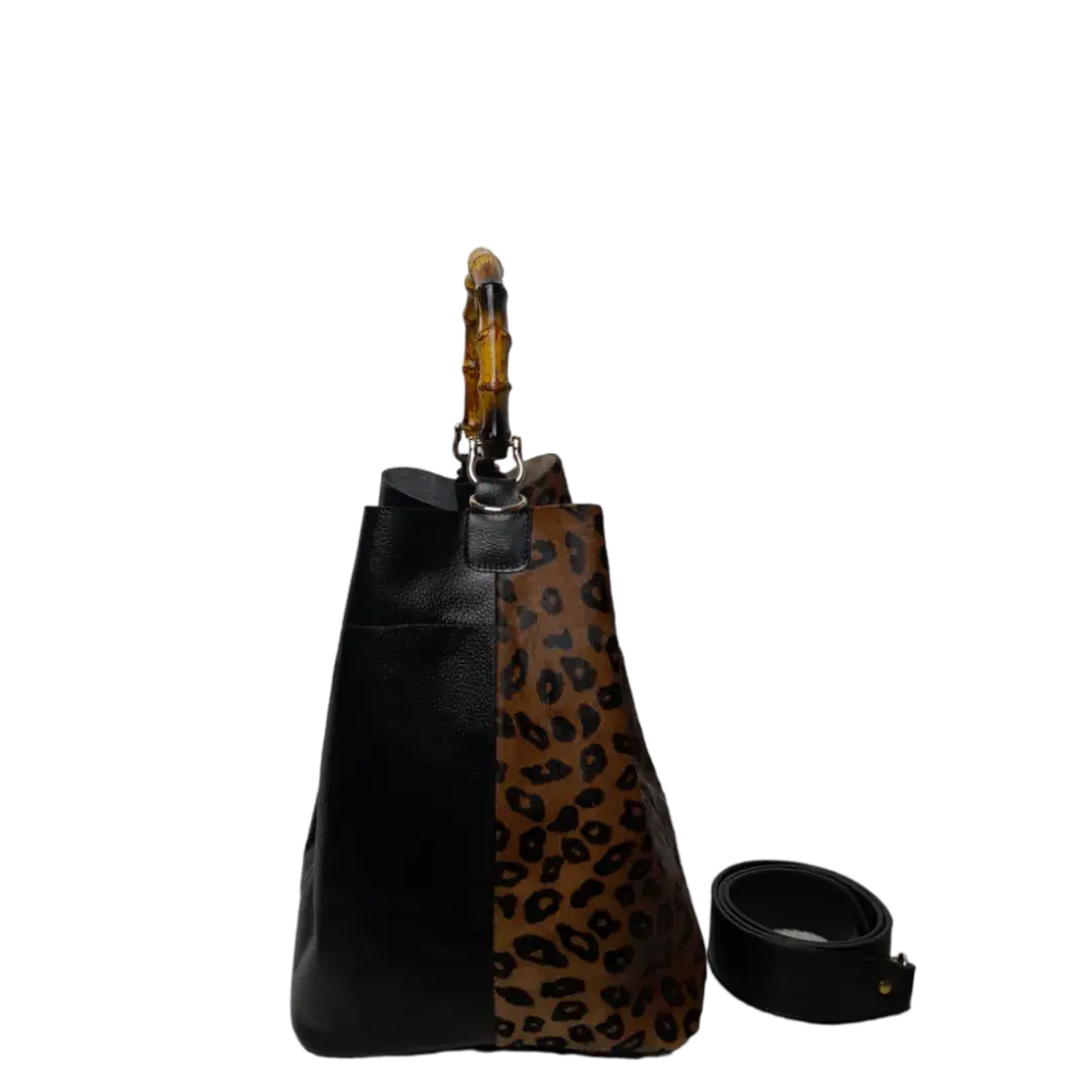 Claire Women's Black Leather Bag with Jaguar Print