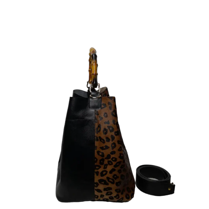 Claire Women's Black Leather Bag with Jaguar Print