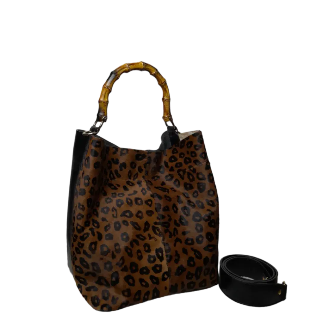Claire Women's Black Leather Bag with Jaguar Print