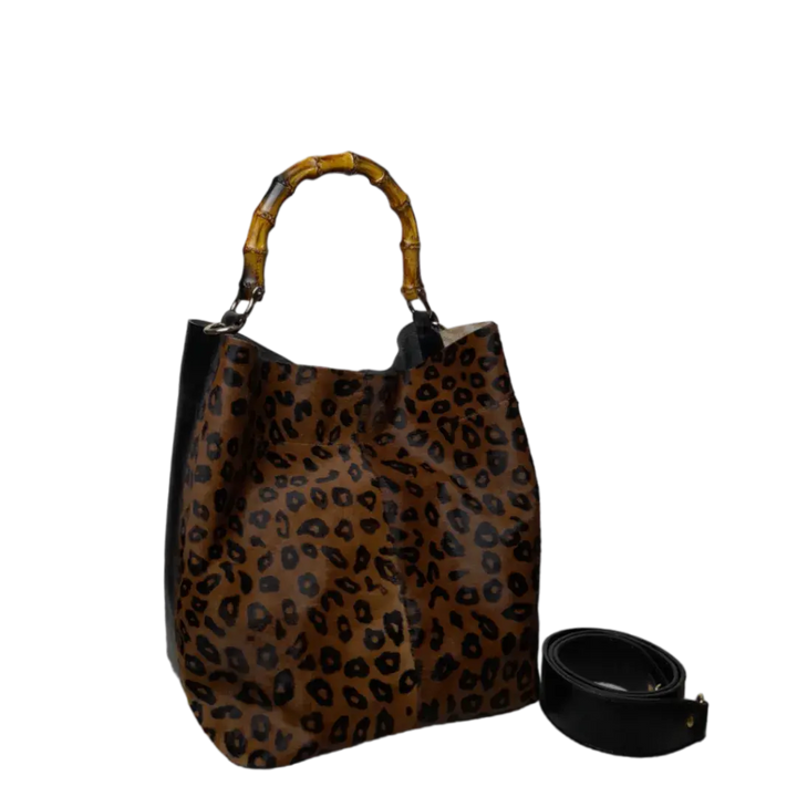 Claire Women's Black Leather Bag with Jaguar Print