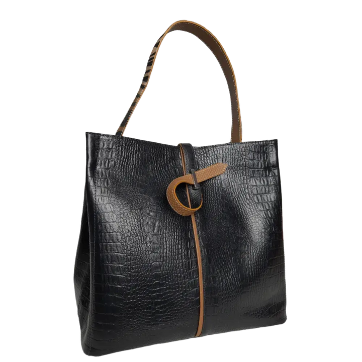 Lucy Women's Black Leather Reptile-Patterned Bag