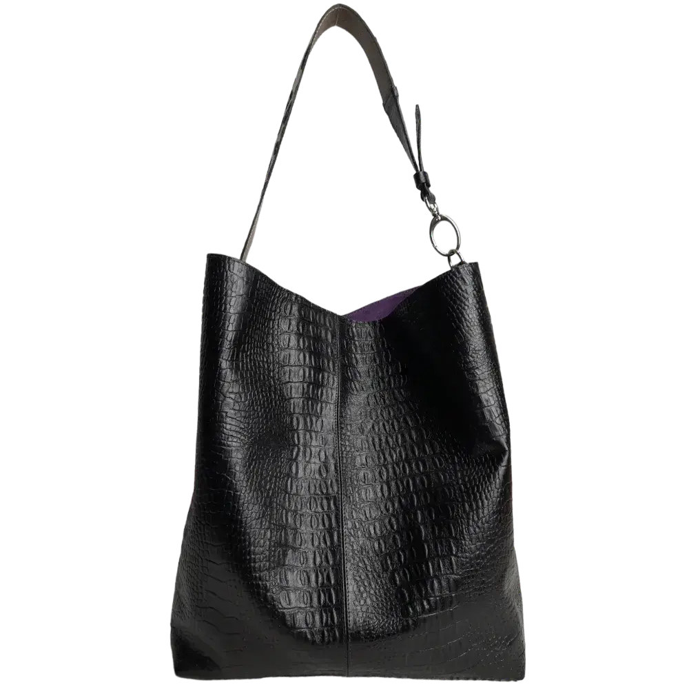 Serenity Black Leather Handbag for Women - Reptile Texture