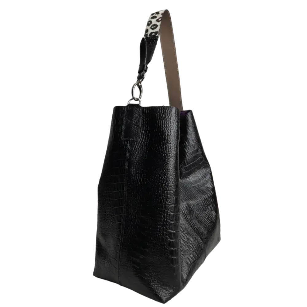Serenity Black Leather Handbag for Women - Reptile Texture