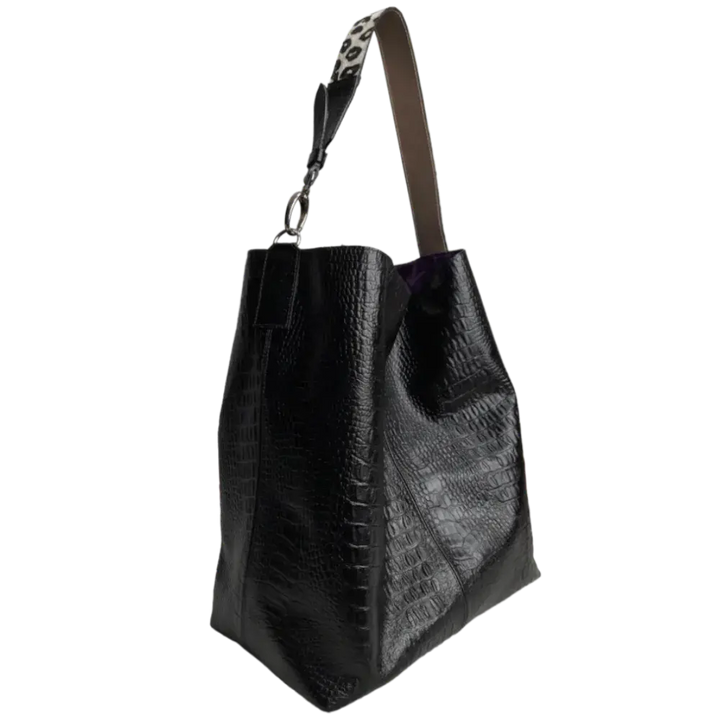 Serenity Black Leather Handbag for Women - Reptile Texture