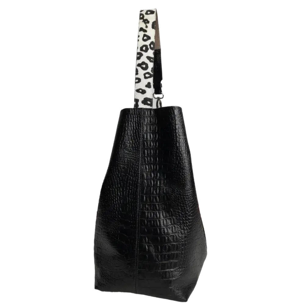 Serenity Black Leather Handbag for Women - Reptile Texture