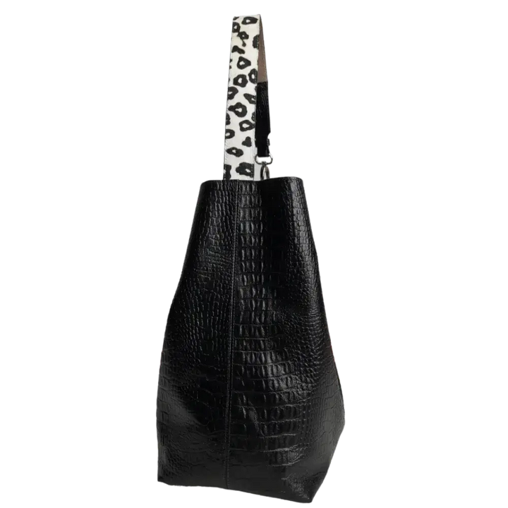 Serenity Black Leather Handbag for Women - Reptile Texture