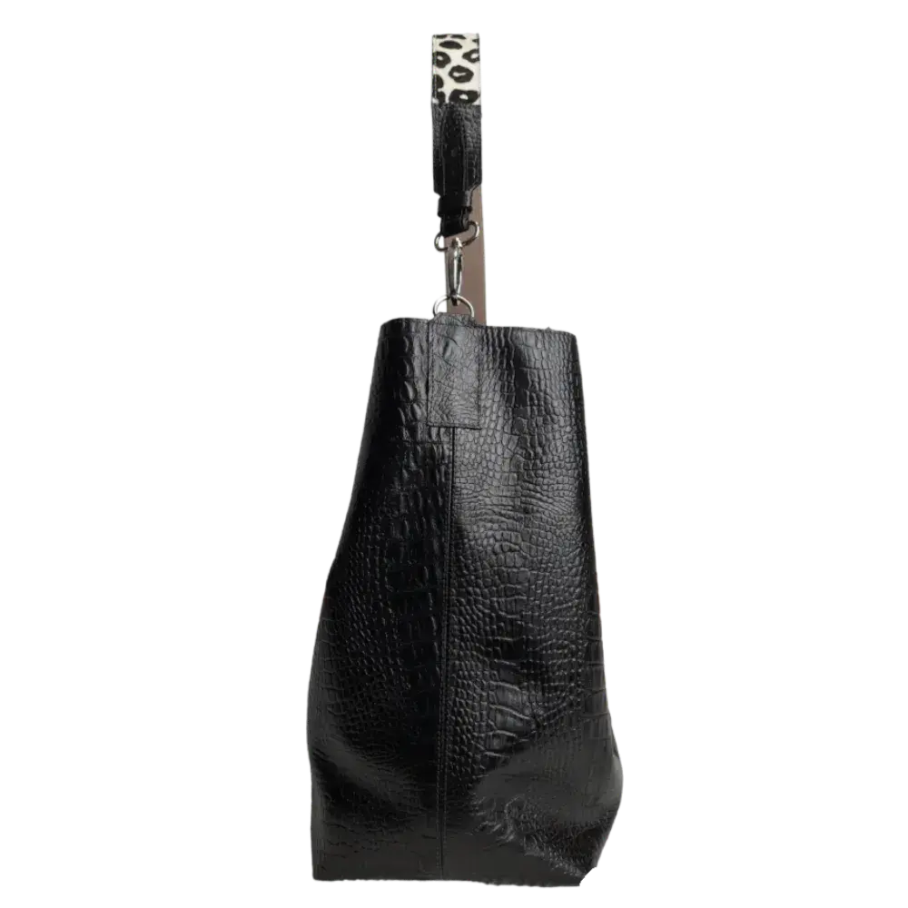 Serenity Black Leather Handbag for Women - Reptile Texture