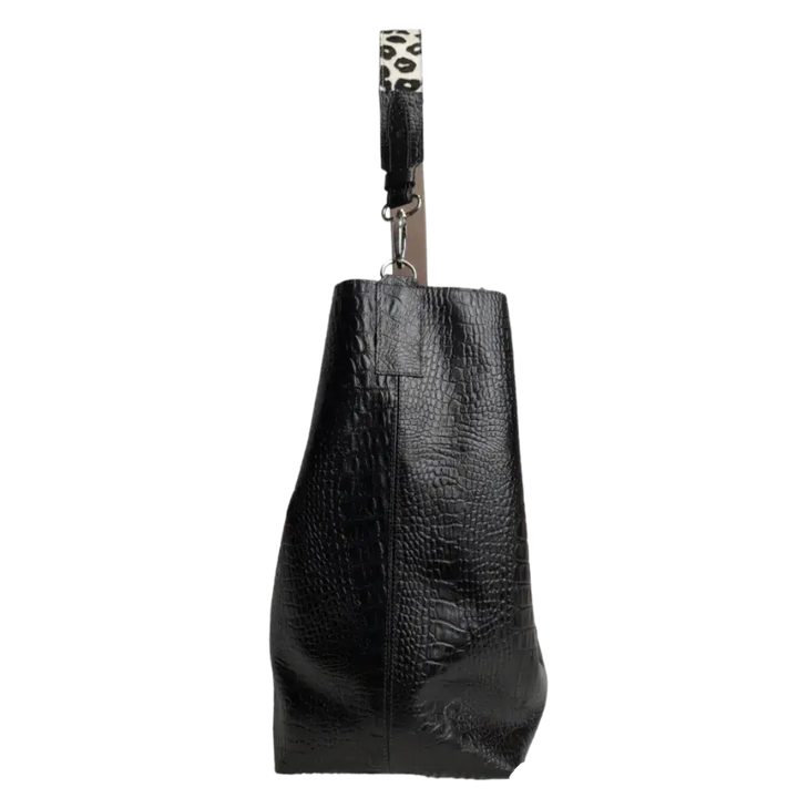 Serenity Black Leather Handbag for Women - Reptile Texture