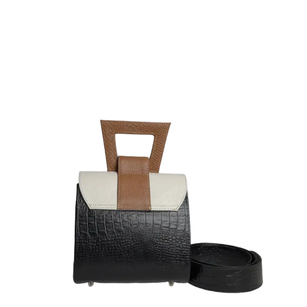Clara Reptil Black Leather Handbag for Women with Talcum Powder Finish