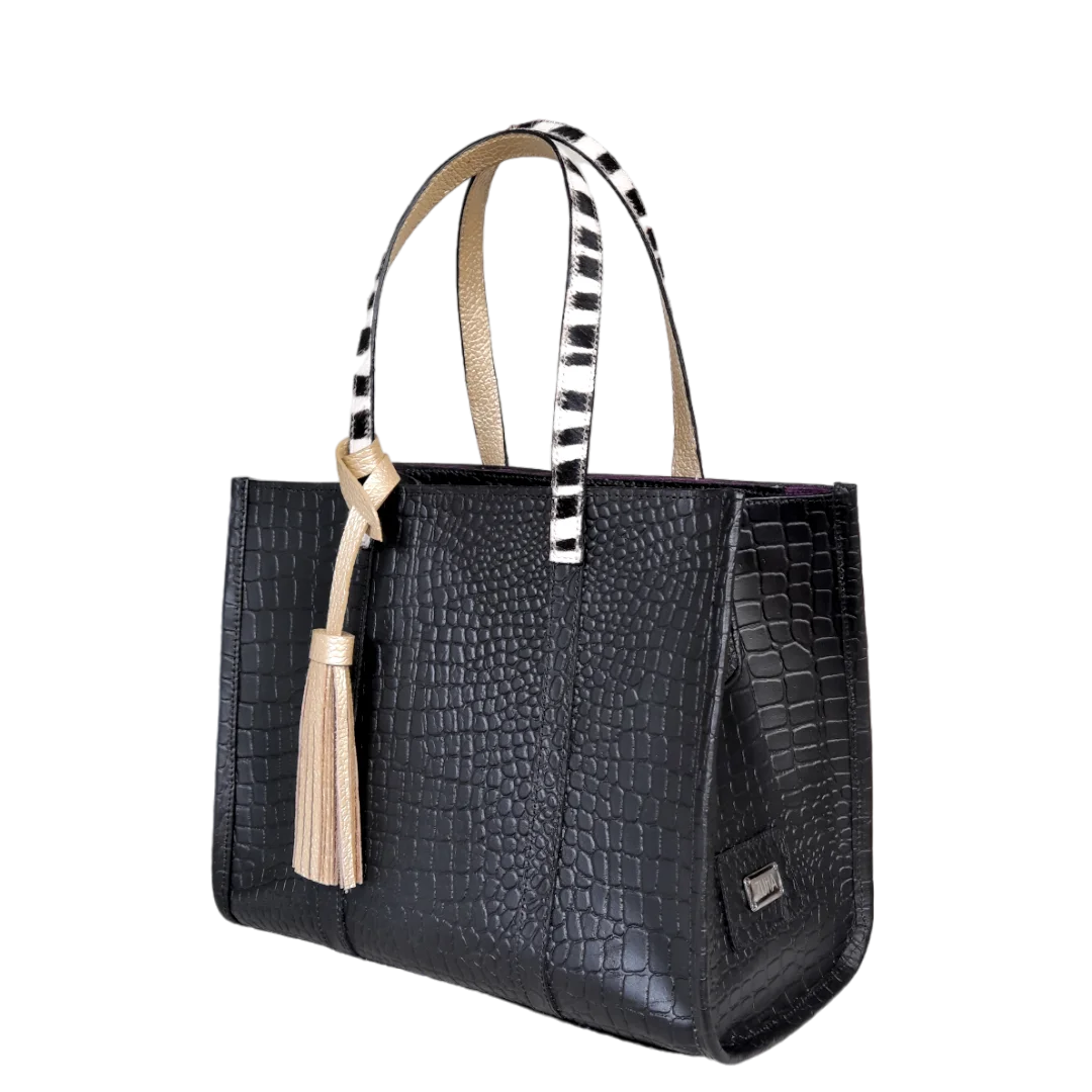 Greta Black Leather Handbag for Women - Reptile Texture