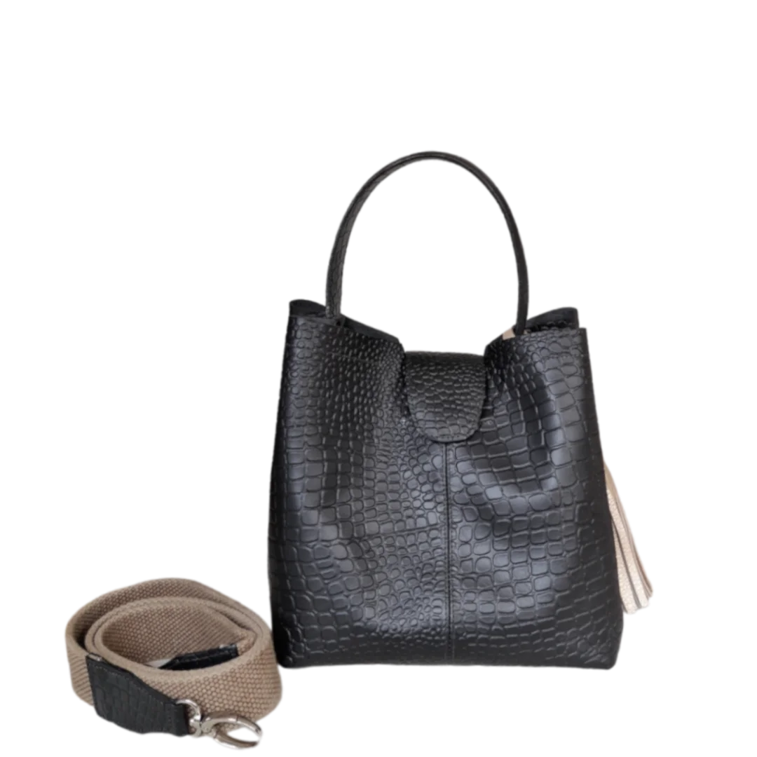 Lucia Small Black Leather Reptile-Print Bag for Women