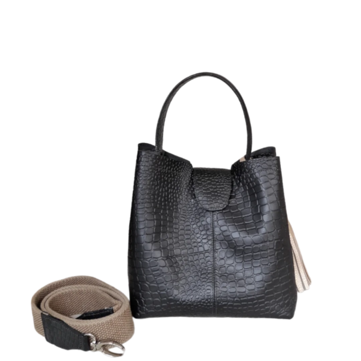 Lucia Small Black Leather Reptile-Print Bag for Women