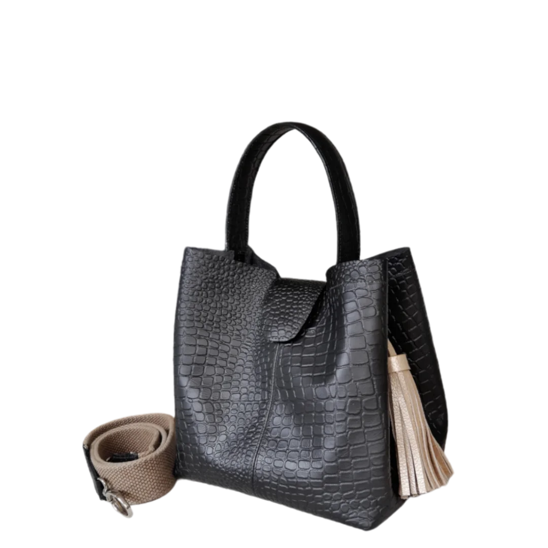 Lucia Small Black Leather Reptile-Print Bag for Women