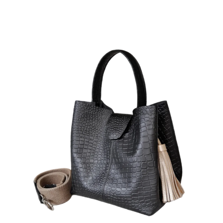 Lucia Small Black Leather Reptile-Print Bag for Women