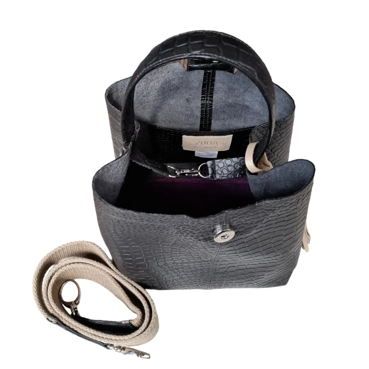 Lucia Small Black Leather Reptile-Print Bag for Women