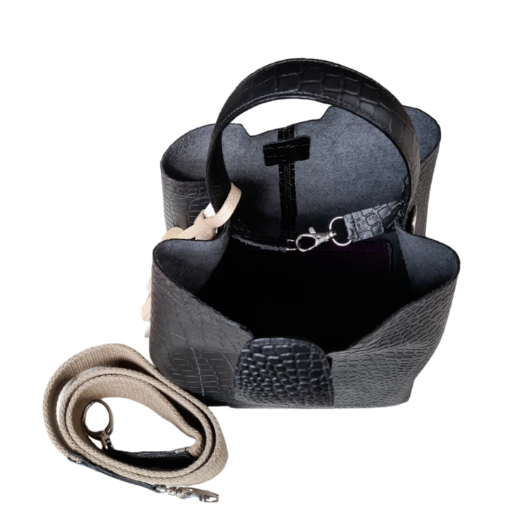 Lucia Small Black Leather Reptile-Print Bag for Women
