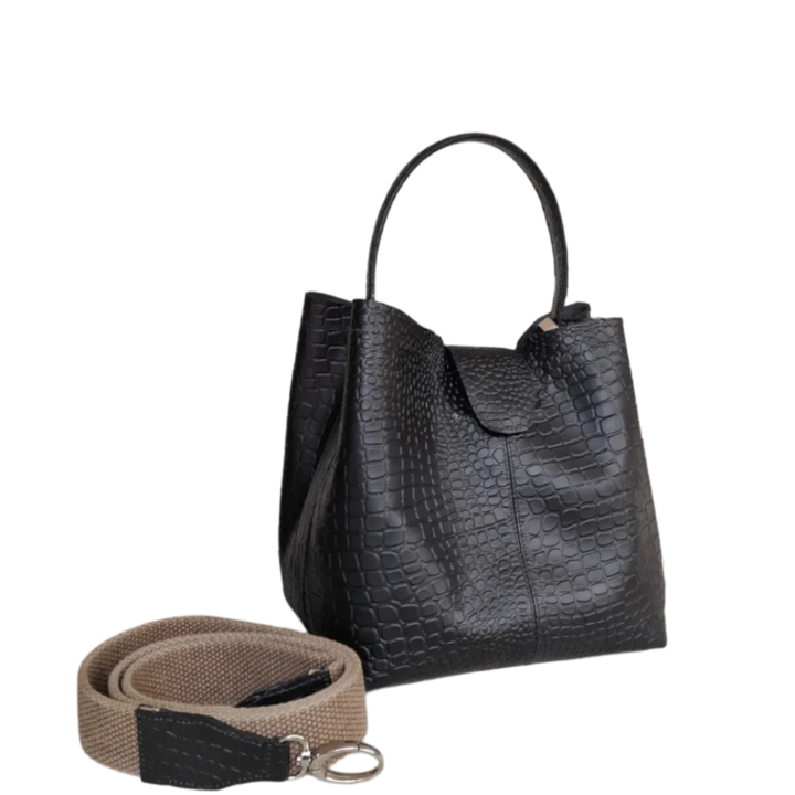 Lucia Small Black Leather Reptile-Print Bag for Women