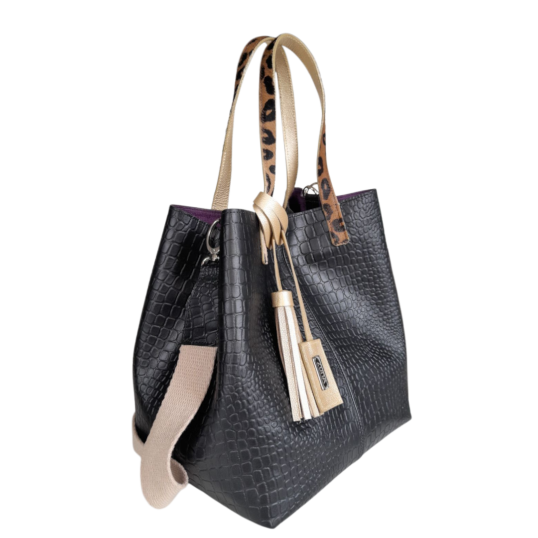 Giulia Women's Black Leather Reptile-Print Bag