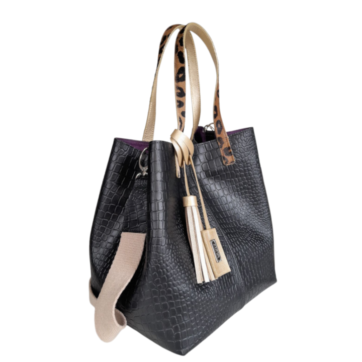 Giulia Women's Black Leather Reptile-Print Bag