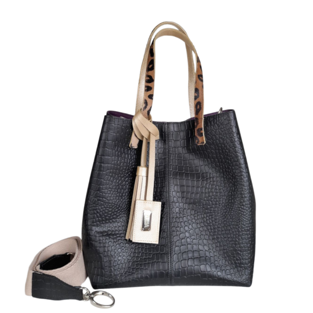 Giulia Women's Black Leather Reptile-Print Bag