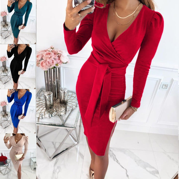 Caitlyn - Chic V-Neck Midi Dress with Tie Straps