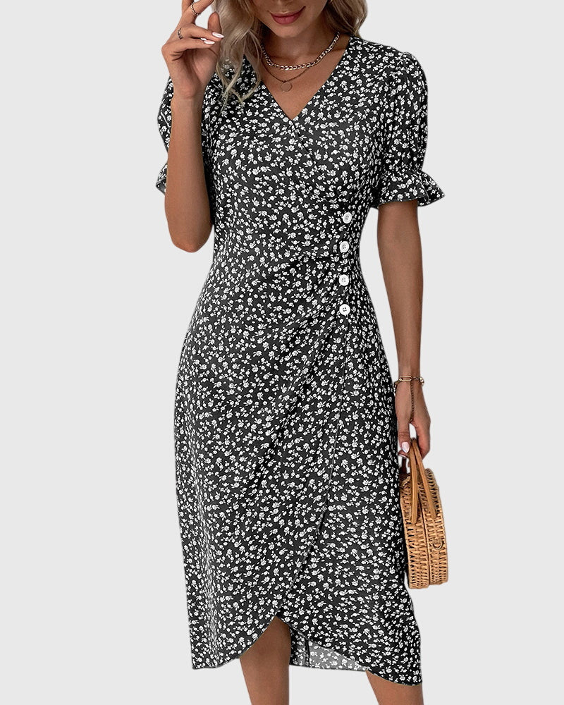 Barbara - V-Neck Dress with Fresh Bloom Design