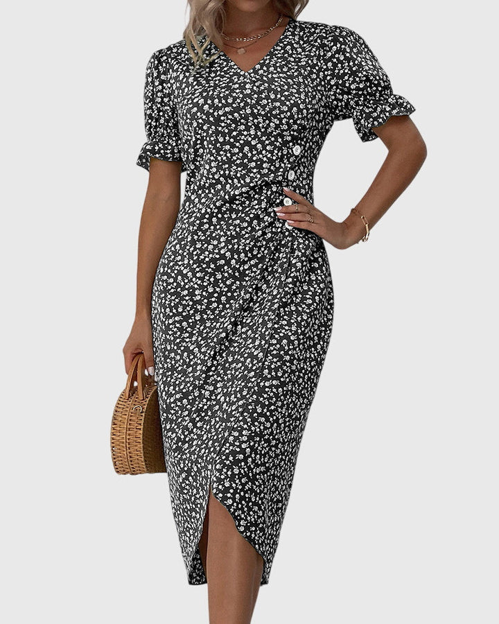 Barbara - V-Neck Dress with Fresh Bloom Design